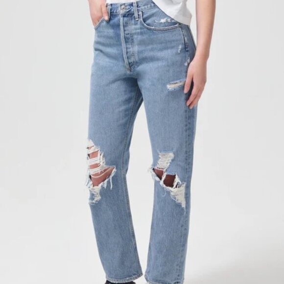 Agolde Denim - AGOLDE 90's Mid Rise Loose Fit Distressed Denim Jeans in Fall Out Size 29